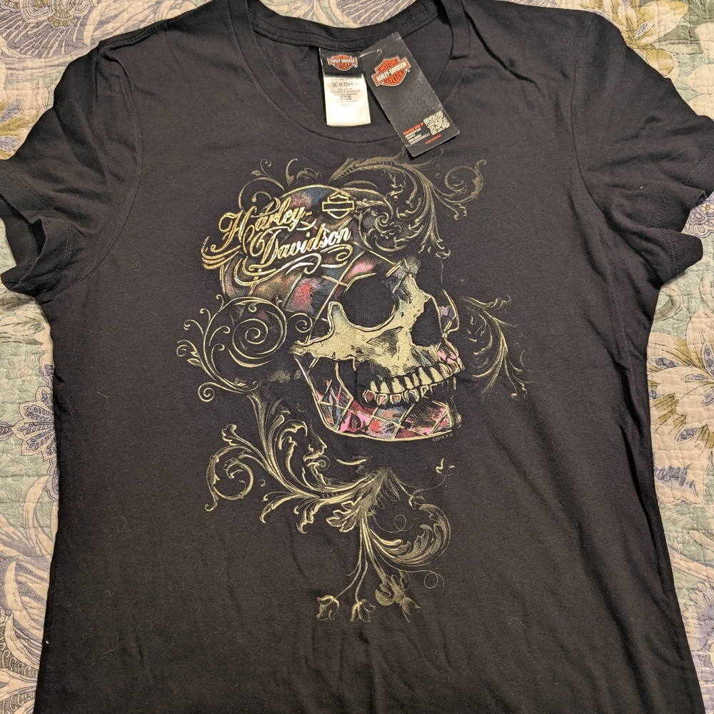 Harley-Davidson Black Tee with Gold Floral Skull and Multicolor Accent